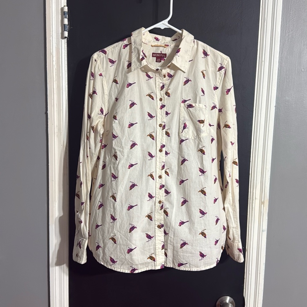 Merona Button Down Cotton Bird Blouse Size: L Length: 27”